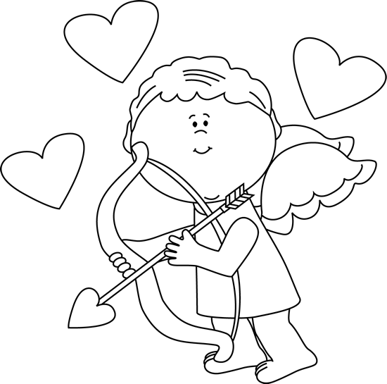Black And White Cupid With Hearts Clip Art - Cupid Boy Black And White Drawing With Heart For Valentines (550x545)