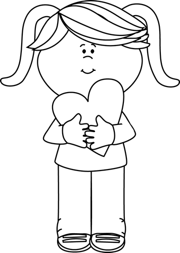 Black And White Girl With Valentine Heart - Valentine Girl Clipart Black And White (356x500)
