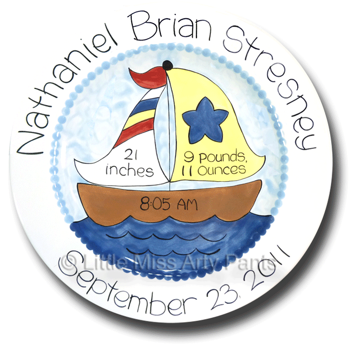 Birth Announcement Plates & Baptism Plates - Sail (723x726)