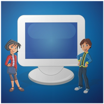 Cartoon Teenager Couple And Computer Screen With Empty - Cartoon (400x400)