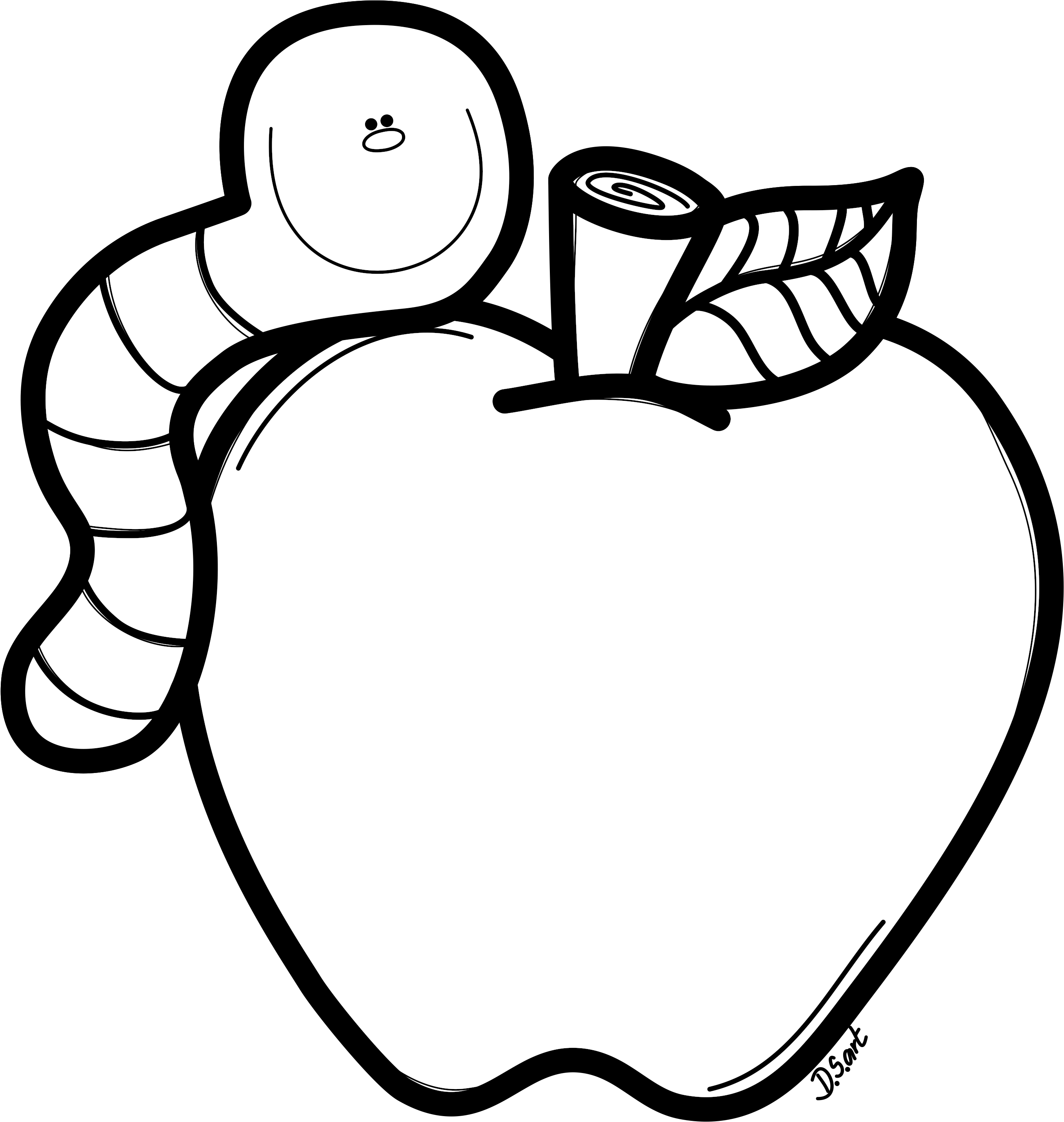 Black And White Coloring Page Of Apple And Worm - Black And White Coloring Page Of Apple And Worm (2875x2917)