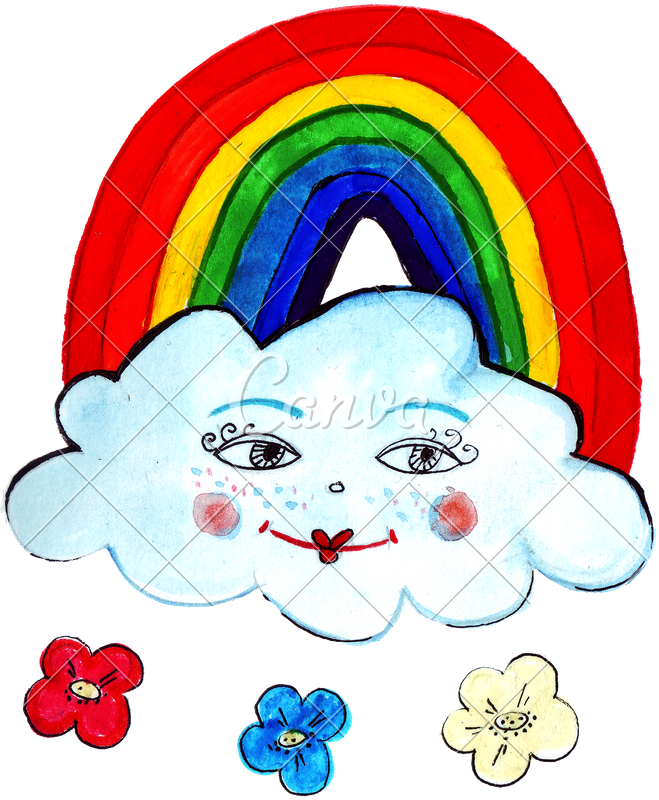 Hand Drawing Of Colorful Watercolor Rainbow And Clouds - Drawing (659x800)