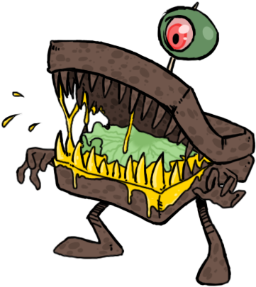 Black And White Cartoon Of An Ethnic Man Eating A Sandwich - Demon Sandwich (397x415)