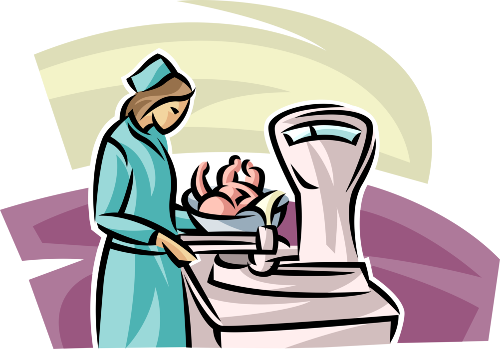 Vector Illustration Of Newborn Infant Baby Weighed - Illustration (1002x700)