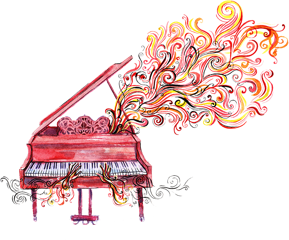 A Red Cartoon Piano Emulates Notes As Waves Of Color - Art Print: Okalinichenko's Piano Music, 24x18in. (1000x833)