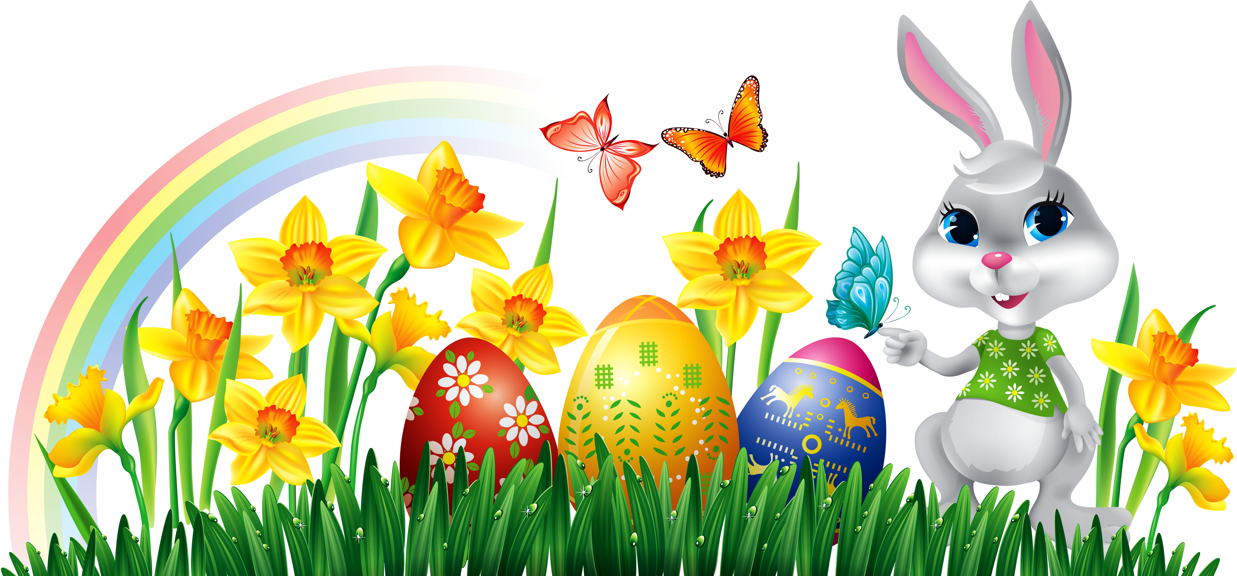 Easter Bunny With Daffodils Eggs And Grass Decor Png - Easter Bunny With Eggs Clipart (5036x2373)