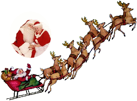 Santa Sleigh And Reindeer Animated Clipart - Animated Santa And Reindeer (446x331)