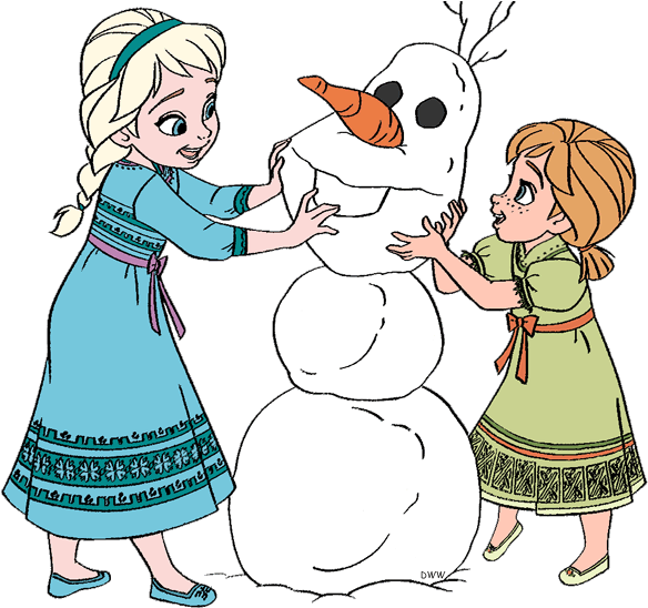Young Anna And Elsa Building A Snowman Clipart - Young Elsa And Anna (600x555)