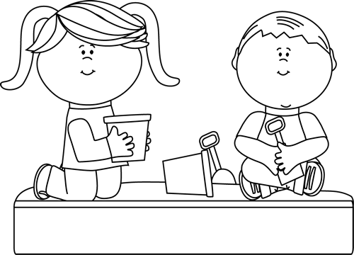 Black And White Kids Playing In A Sandbox - Kids Playing Clipart Black And White (500x360)