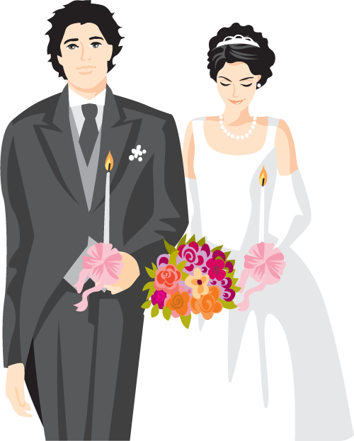 Cartoonish Bride And Groom Vector Cards - Drawing (500x623)