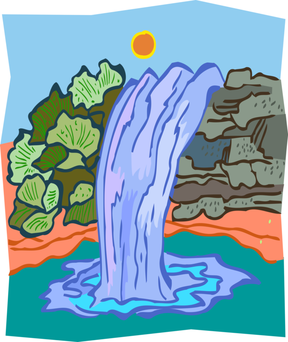 Vector Illustration Of Waterfalls Water Falls Into - Cascade (590x700)