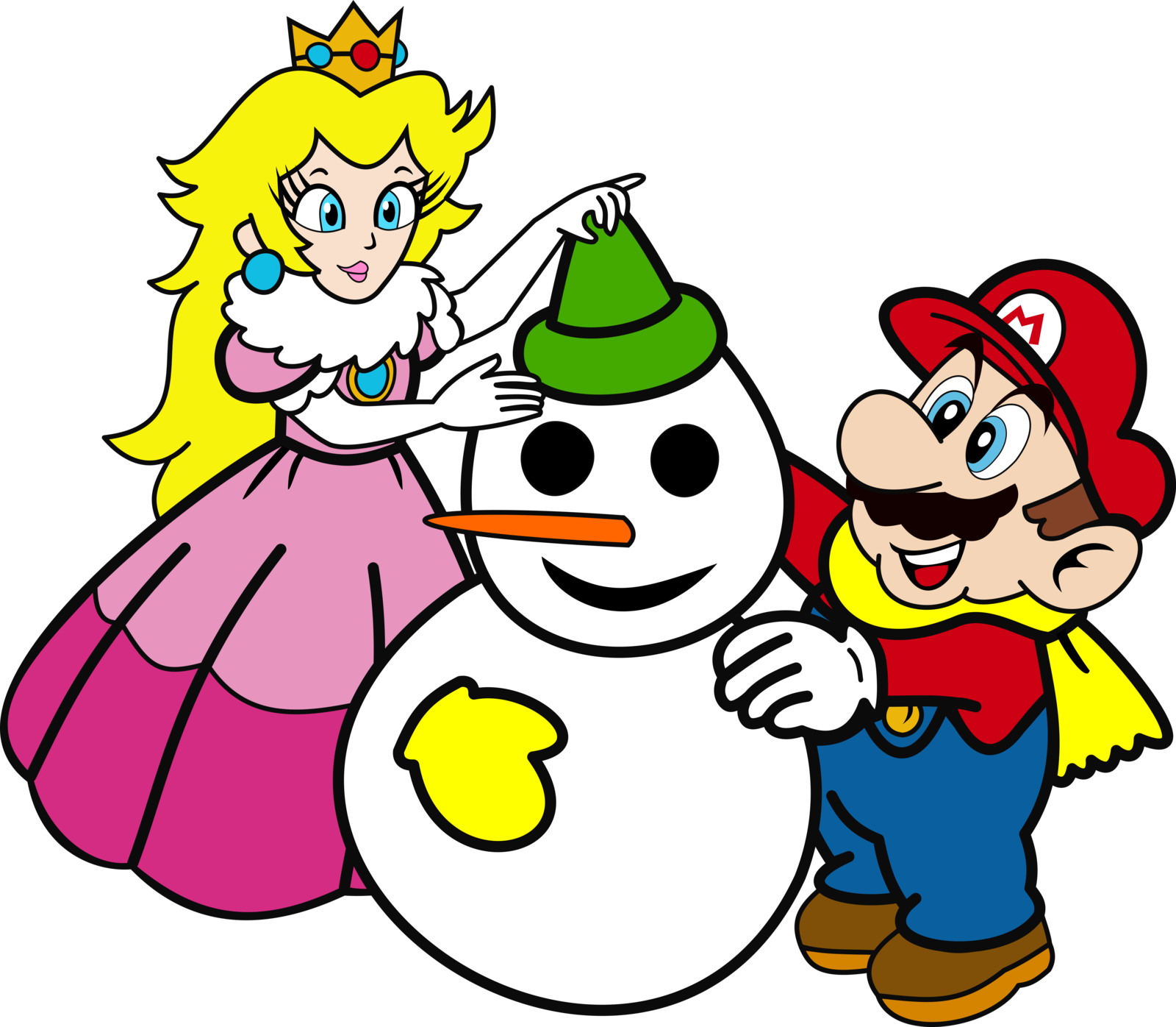 Atomicmillennial Mario And Peach Are Building A Snowman - Digital Art (1600x1396)