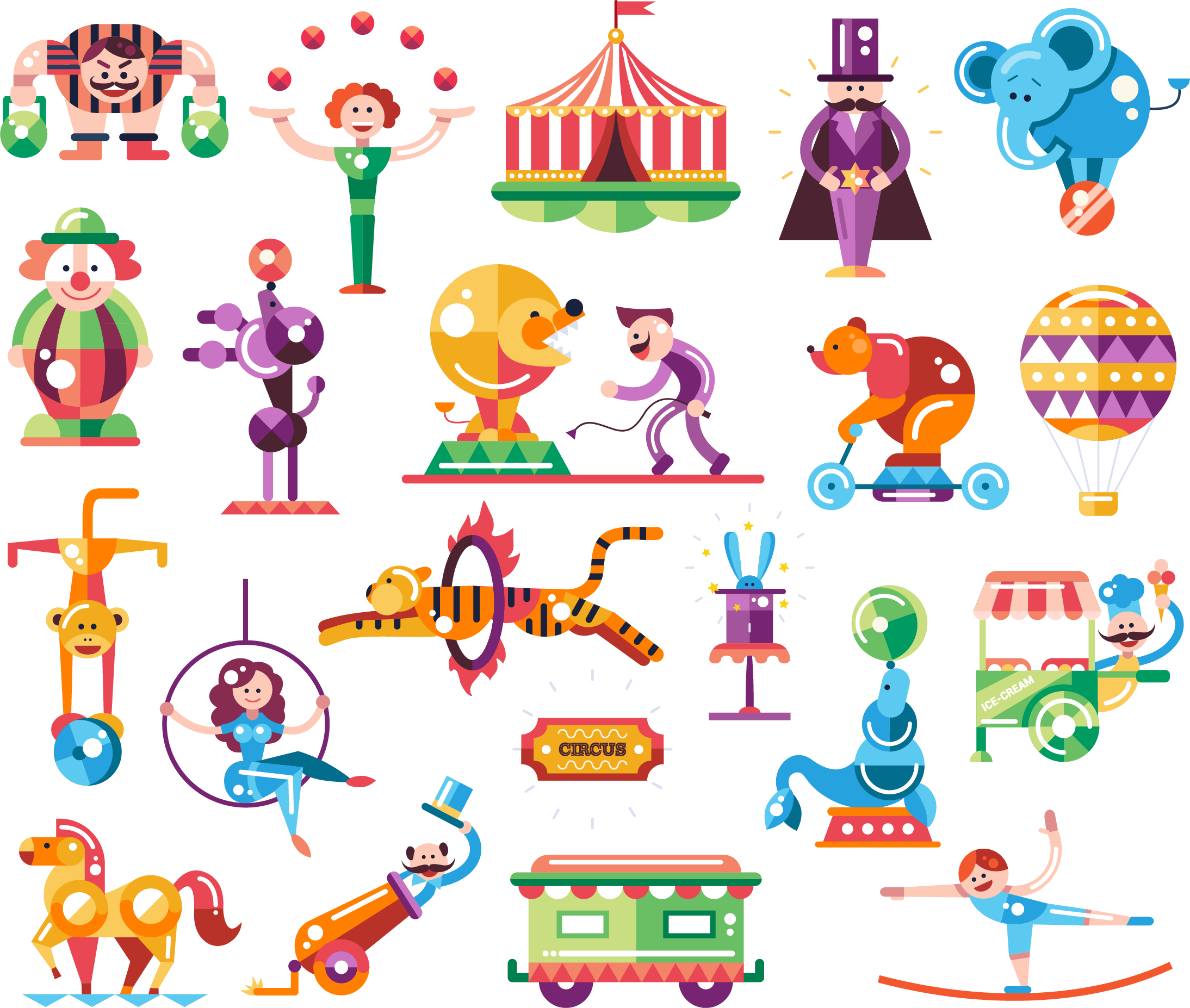 Flat Design Circus Carnival Illustration - 馬戲 團 素材 (2188x1854)