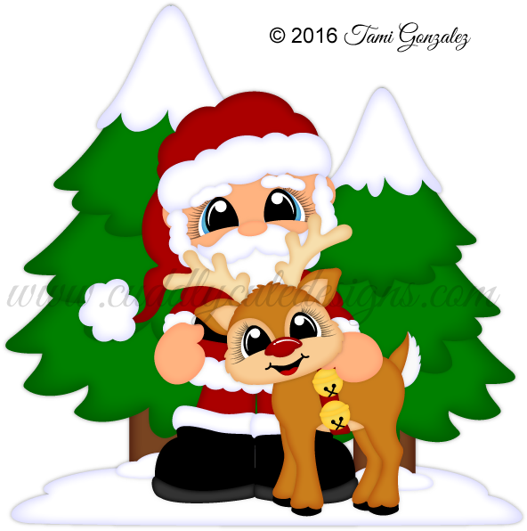 Santa And Reindeer - Cartoon (600x600)