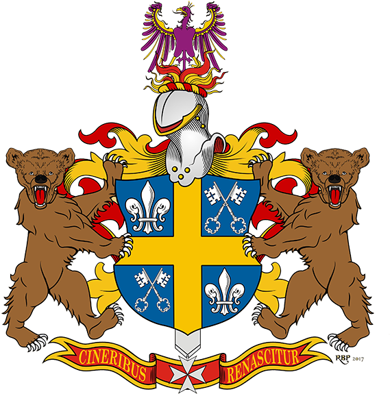 Azure, A Greek Cross Or, Alternating Fleur De Lis And - Heraldic Bear (600x588)