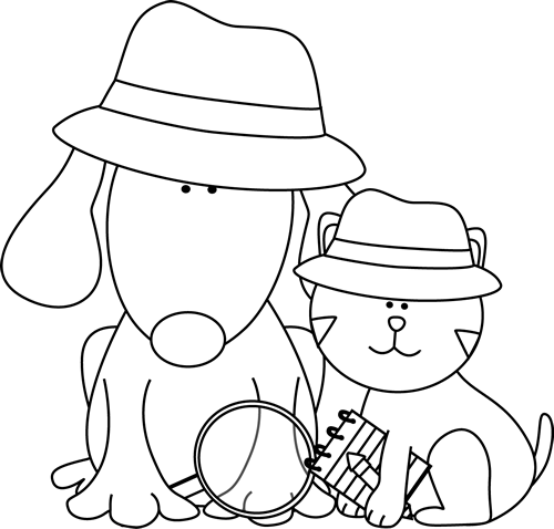 Black And White Detective Dog And Cat - Black And White Detective Clipart (500x478)