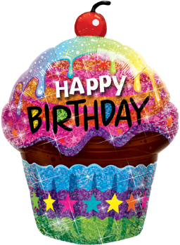 35" Holograph Birthday Dazzling Cupcake Foil Balloon - Happy Birthday Balloon Bouquet (350x350)