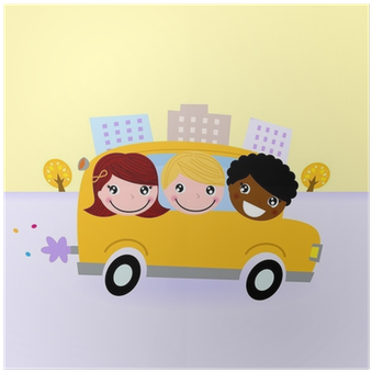 School Bus With Kids Driving Through Town Poster • - Niño Viajando En Bus Dibujo (400x400)
