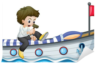 A Boy Riding In A Boat With A Red Flag Wall Mural • - Boat (400x400)