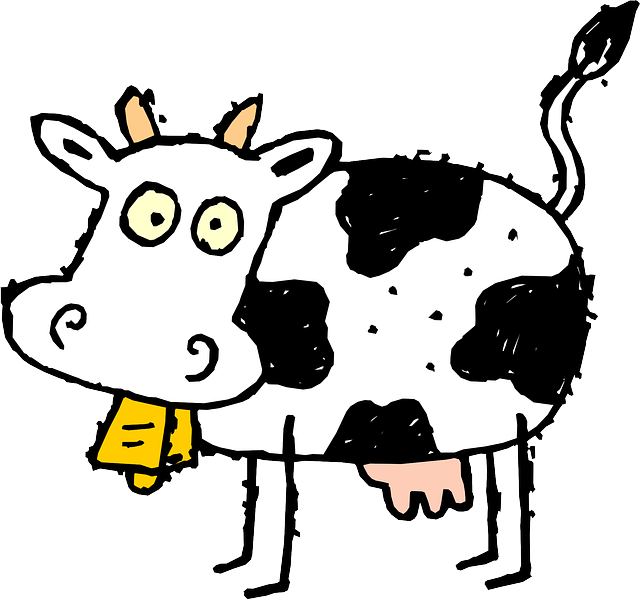 Drawing, Cow, Bell, Horns, Nasty, Spots, Diseased, - Free Clip Art Cows (640x599)