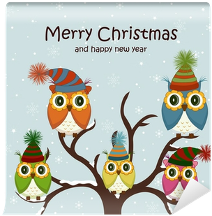 Christmas Card With Owls On The Tree Wall Mural • Pixers® - Clip Art (400x400)