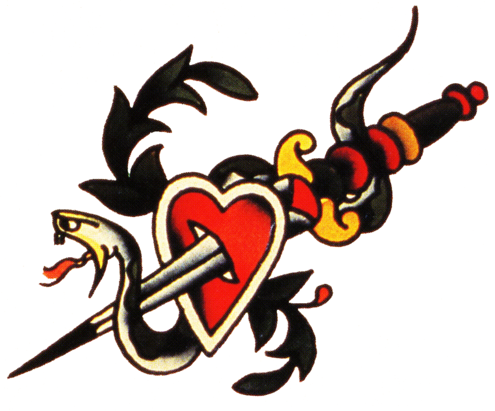 Sailor Jerry, Vintage Tattoo, Designs, Snake, Dagger, - Snake Heart Dagger Tattoo (1000x830)