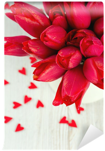 Bouquet Of Red Tulips In A Pitcher And Scattered Wooden - Tulip (400x400)