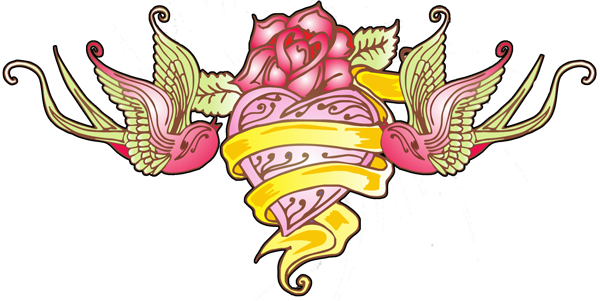 Flying Swallows And Pink Heart With Banner Tattoo Design - Flying Swallows And Pink Heart With Banner Tattoo Design (600x301)