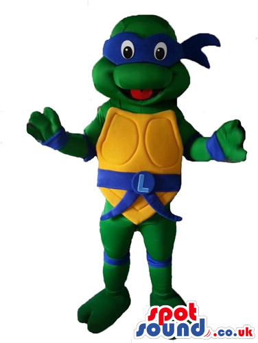 Ninja Turtle With A Yellow Belly Wearing A Blue Mask - Kitty Cat Cartoon Spotsound Ltd Mascot Costume Wearing (600x600)