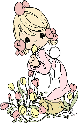 Girl Holding Sunflower Garland Girl Smelling Tulips - Colorear De Precious Moments (324x484)