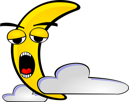 Moon Tired Sleeping Yellow Clouds Night Mo - Half Moon Cartoon Png (433x340)