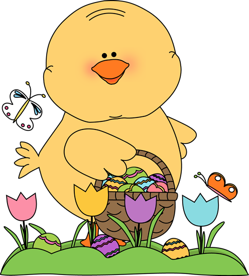 Chick On An Easter Egg Hunt - Spring Easter Clip Art (496x550)