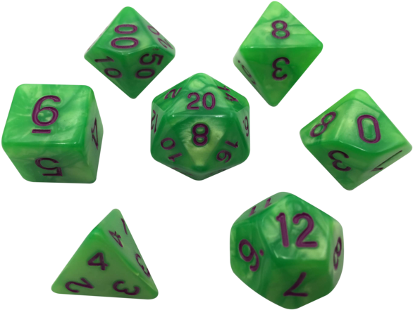 Set Of 7 Light Green With Dark Purple Numbering Polyhedral - Dungeons & Dragons (700x525)