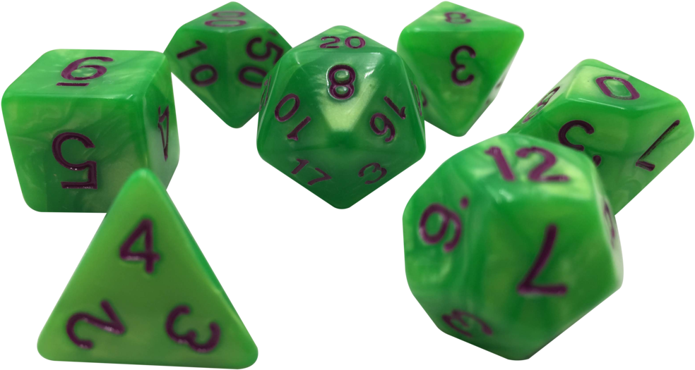 Set Of 7 Light Green With Dark Purple Numbering Polyhedral - Dice Game (1024x768)
