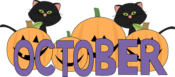 October Pumpkins And Black Cats Clip Art - October Clipart (600x267)