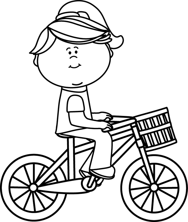 Black & White Girl Riding A Bicycle With A Basket - Bike Clipart Black And White (600x707)