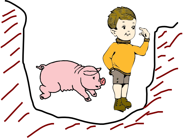 Boy In Pit With Pig Clip Art - Pig In A Pit Clipart (600x451)