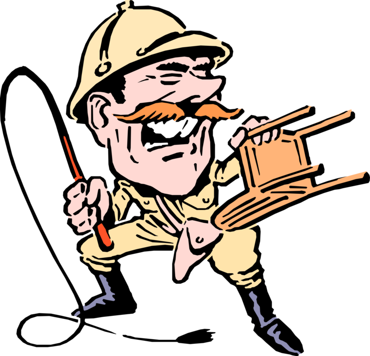 Vector Illustration Of African Safari Circus Lion Tamer - Tame Lion With Chair (727x700)