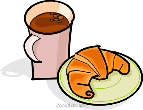 Cup Of Coffee And Croissant Royalty Free Vector Clip - Coffee And Croissant Clipart (480x371)