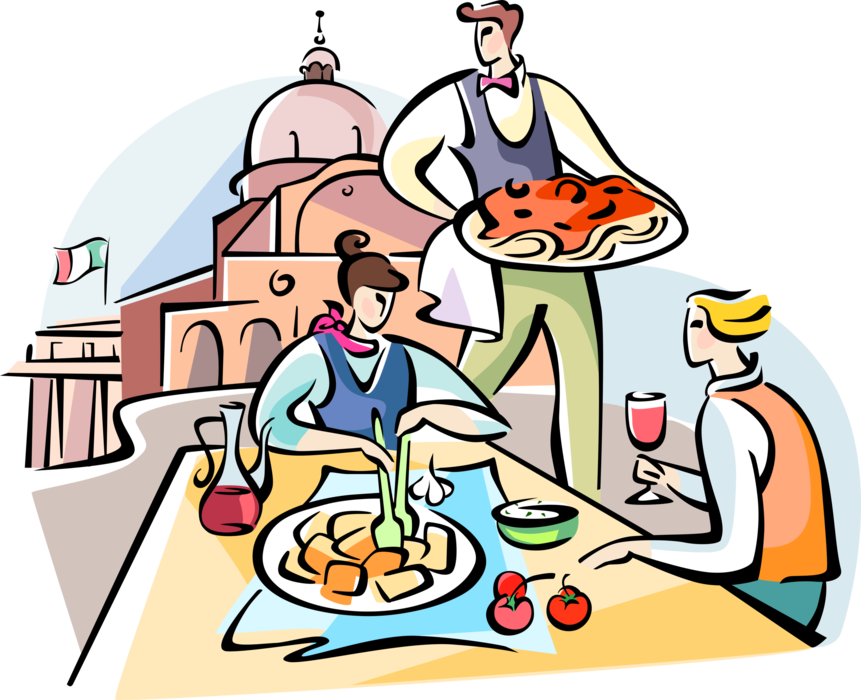 Vector Illustration Of Italian Waiter Serves Pasta - Free Restaurant Clip Art (861x700)