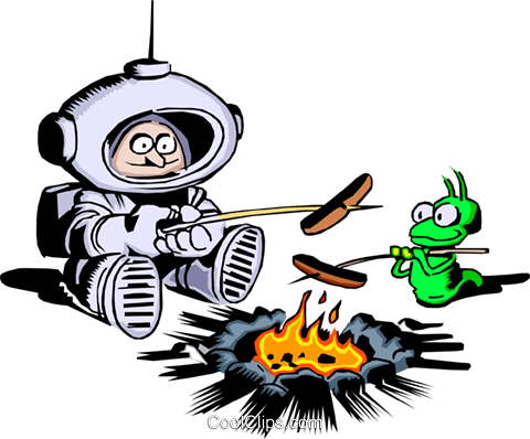 Cartoon Spaceman Roasting Hot Dogs Royalty Free Vector - Outer Space Clip Art (480x398)