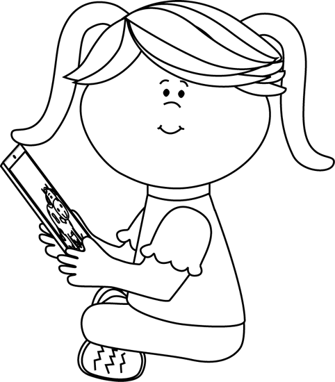 Black And White Kid Reading On A Tablet - Clip Art (482x550)