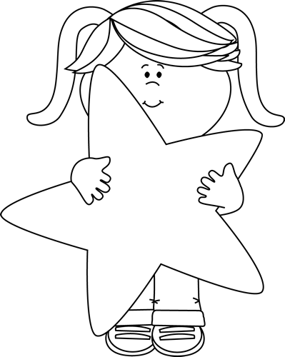 Black And White Little Girl Holding A Star - Star Clip Art Black And White (399x500)