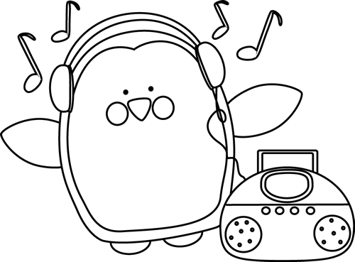 Black And White Penguin Listening To Music - Black And White Music Clipart (500x369)