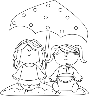 Black And White Girls Playing In The Sand Clip Art - Summer Vacations Clipart Image Black And White (370x400)