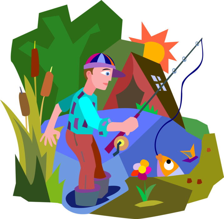 Vector Illustration Of Sport Fisherman Angler Fishing - Cartoon (716x700)
