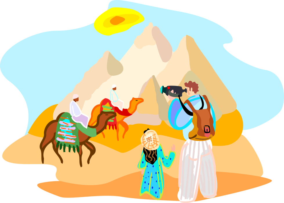 Vector Illustration Of Tourists Video Camels At Great - Egypt Tourist Clipart (979x700)
