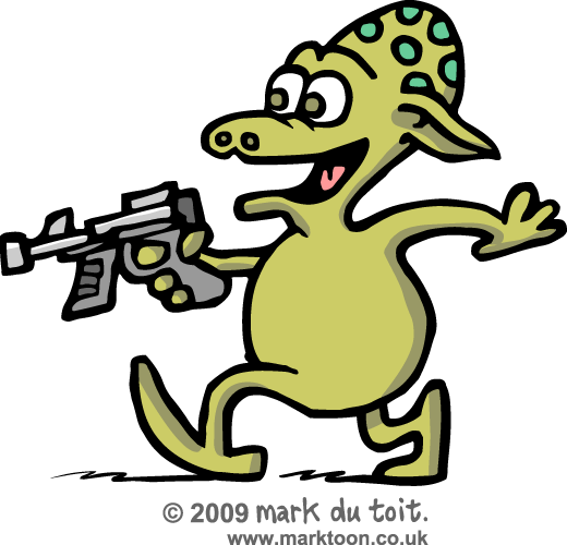 Alien With Spotted Head And Gun - Cartoon Alien With A Gun (520x500)