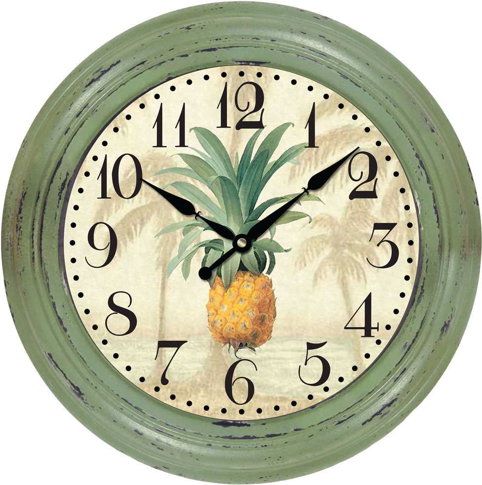 Green Wall Clock Png Image - Round Quartz Analog Green Distressed Pineapple Wall (1020x1020)