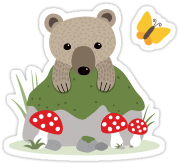 Cute Brown Bear Cub Behind Mossy Rock With Butterfly - Bear Cub And Butterflies Behind Mossy Forest Rock Card (375x360)